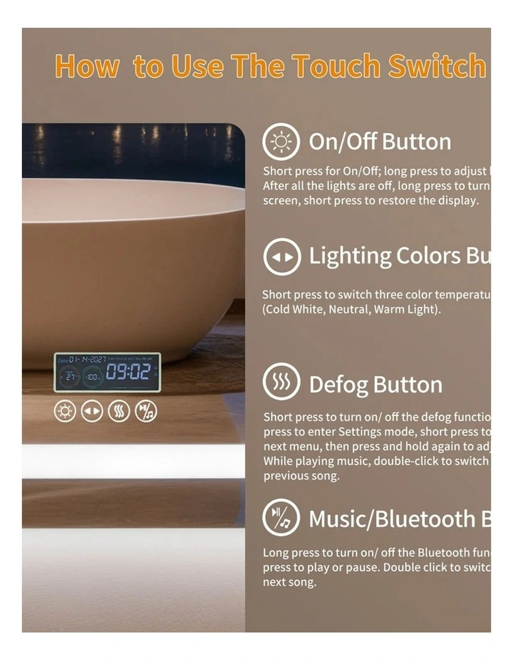 Silver Large Led Mirror Bluetooth Display Smart Anti Fog Bathroom Unit image 3