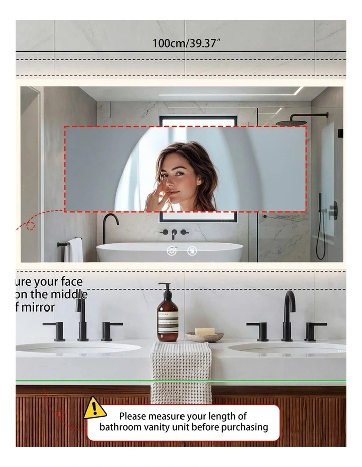 Silver Led Bathroom Mirror Rectangular Anti Fog Touch Light Modern Design image 6
