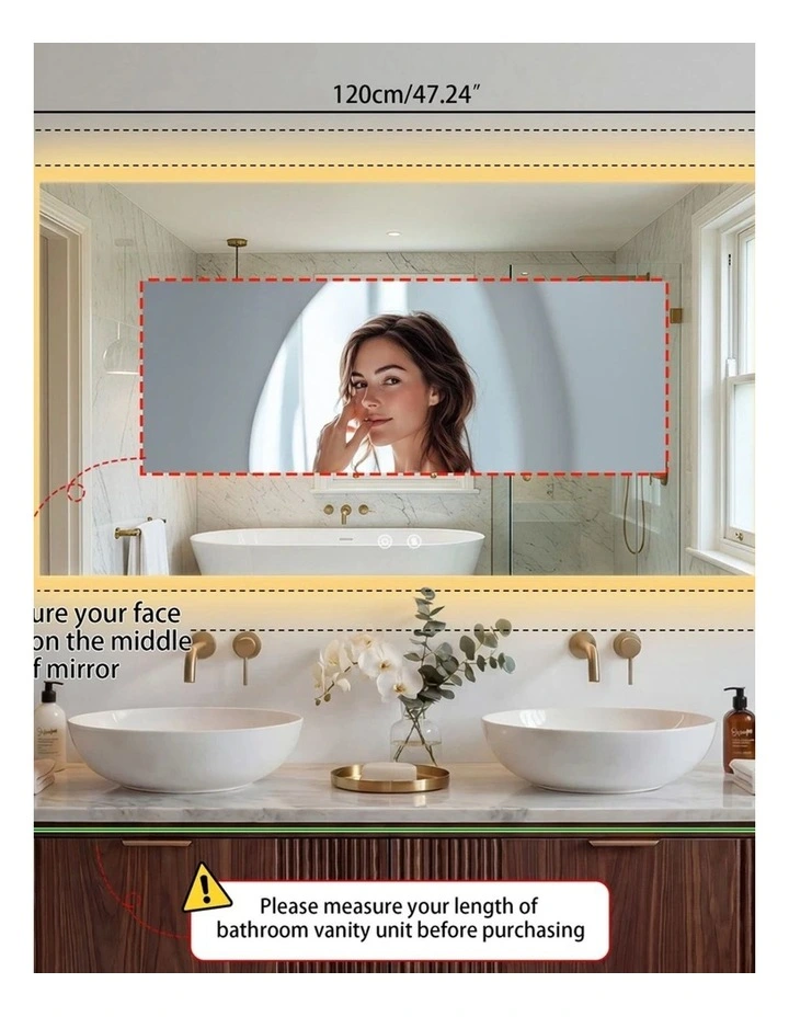 Silver Led Bathroom Mirror Rectangular Anti Fog Touch Light Modern Design image 7