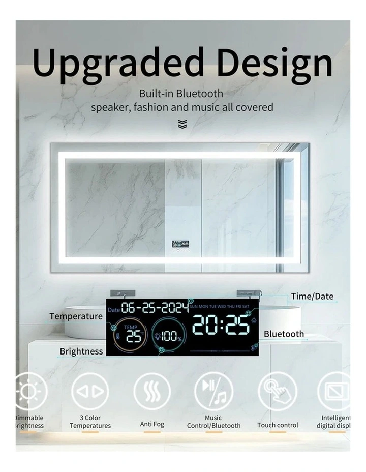 Silver Wide LED Bathroom Mirror With Bluetooth Audio And Memory Function image 6