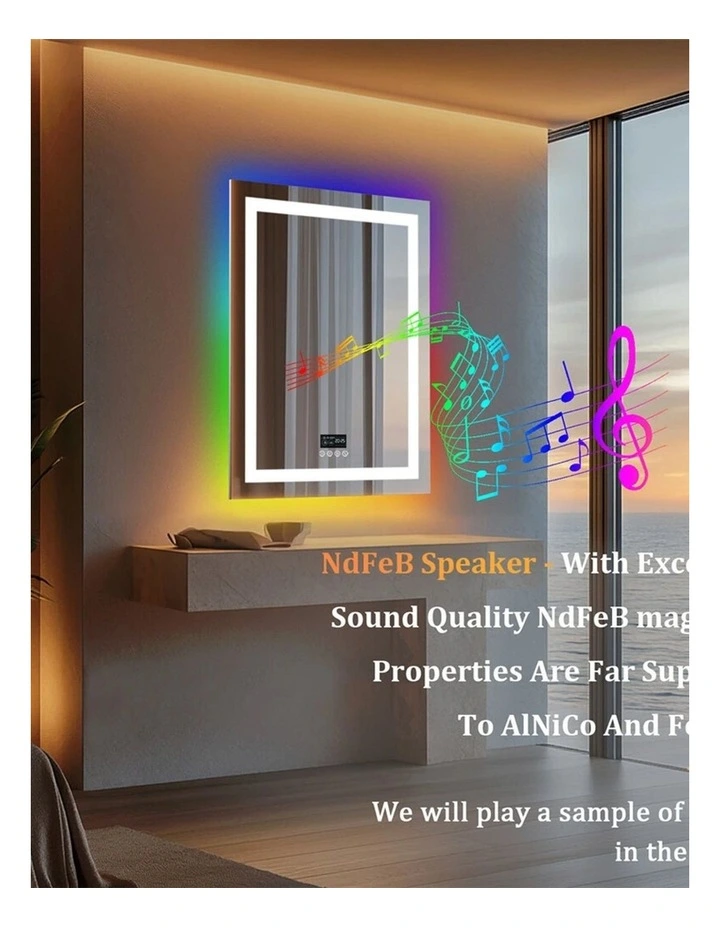 Silver LED RGB Mirror Bluetooth Speaker Anti Fog Smart Bathroom Display image 6