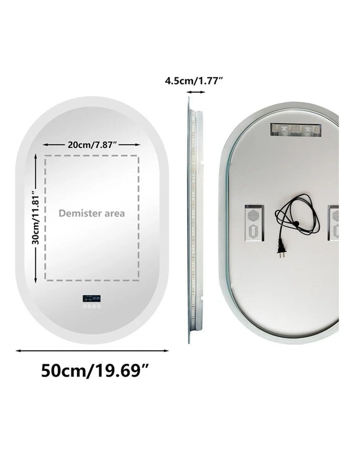 Silver Oval LED Bluetooth Mirror Anti Fog Backlit Touch Bathroom image 3