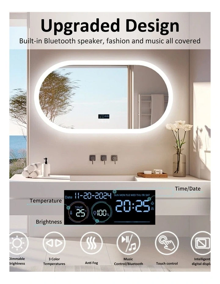 Silver Oval LED Bluetooth Mirror Anti Fog Backlit Touch Bathroom image 6