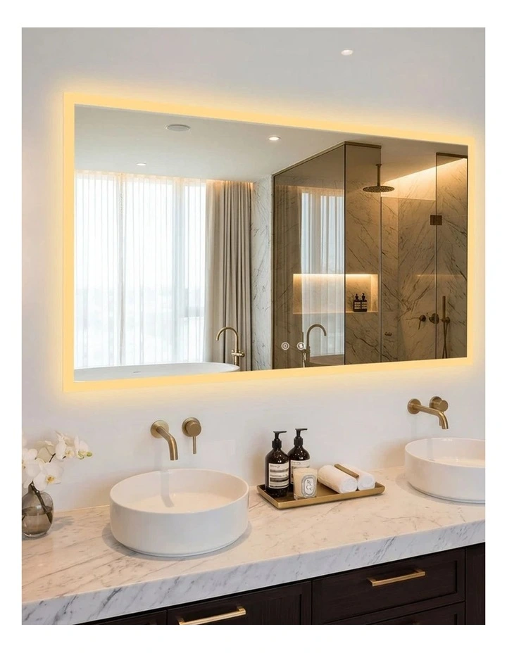 Silver Large Led Bathroom Mirror Rectangular Anti Fog Touch Light Modern image 4