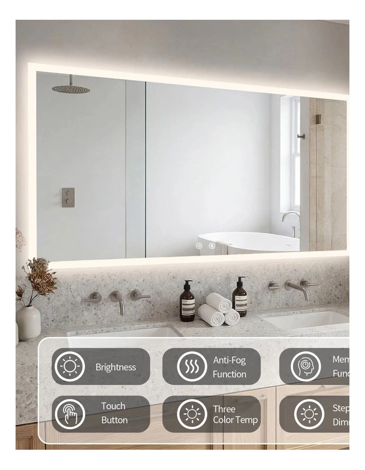 Silver Large Led Bathroom Mirror Rectangular Anti Fog Touch Light Modern image 5