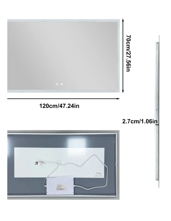 Silver Large Led Bathroom Mirror Rectangular Anti Fog Touch Light Modern image 6