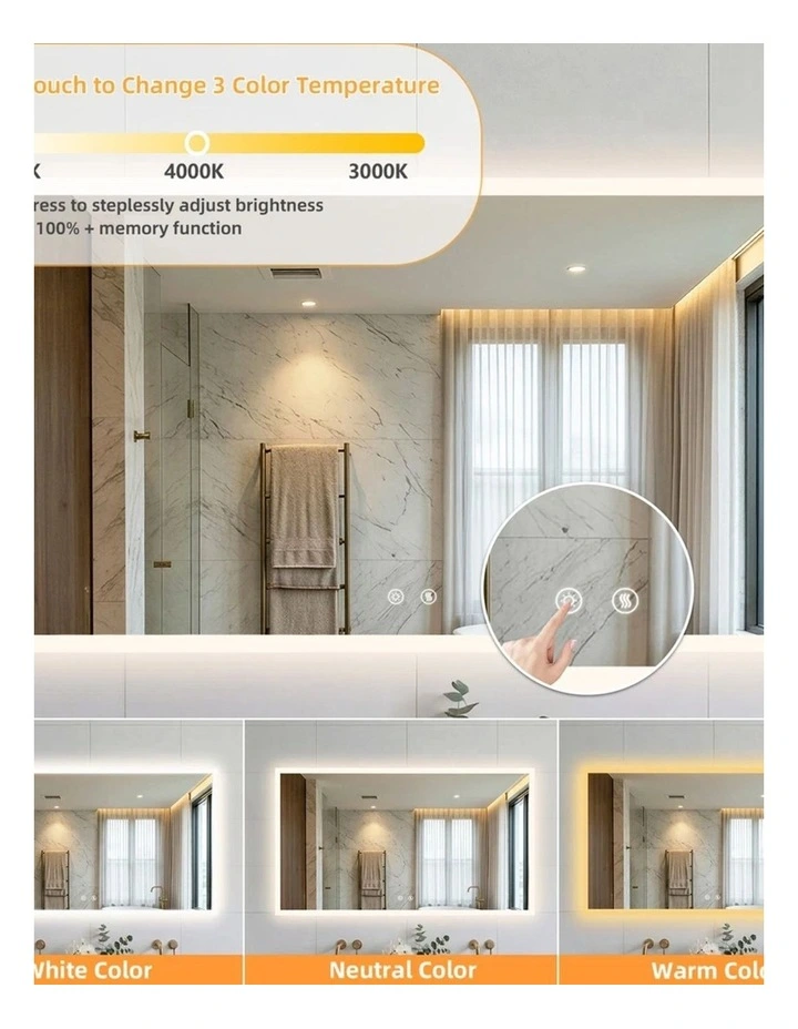 Silver Large Led Bathroom Mirror Rectangular Anti Fog Touch Light Modern image 7