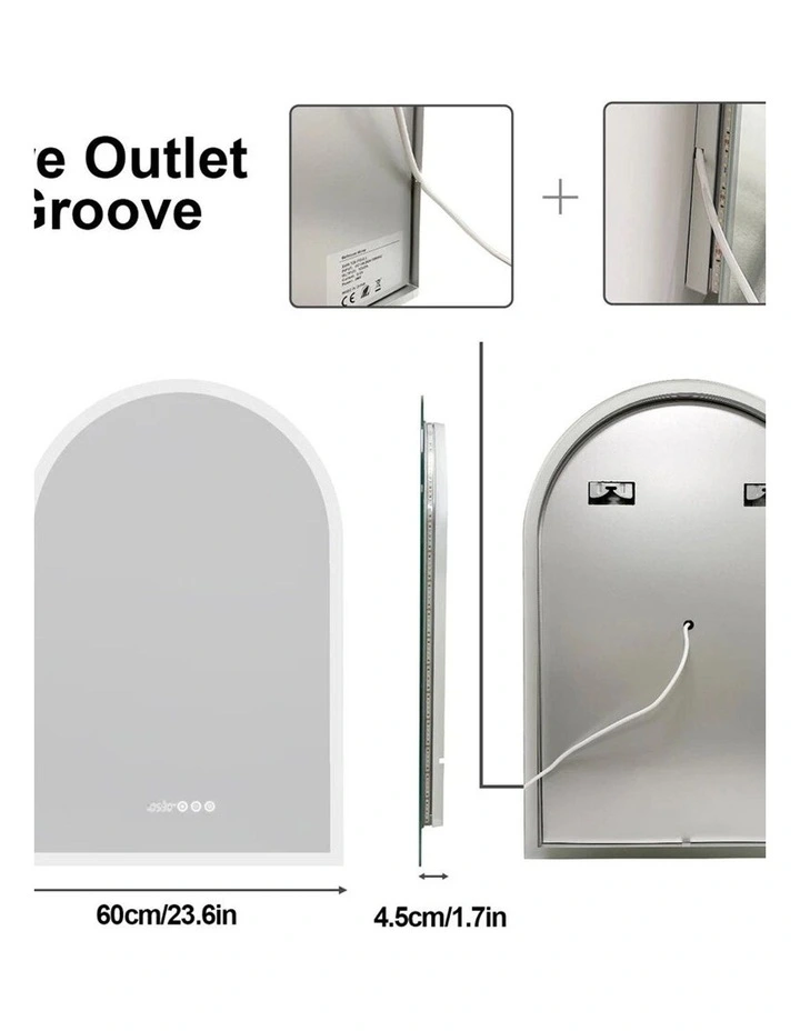 90x60cm White Mirror With Silver Frame Arch LED Bathroom Mirror image 2