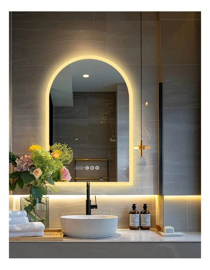 90x60cm White Mirror With Silver Frame Arch LED Bathroom Mirror image 7