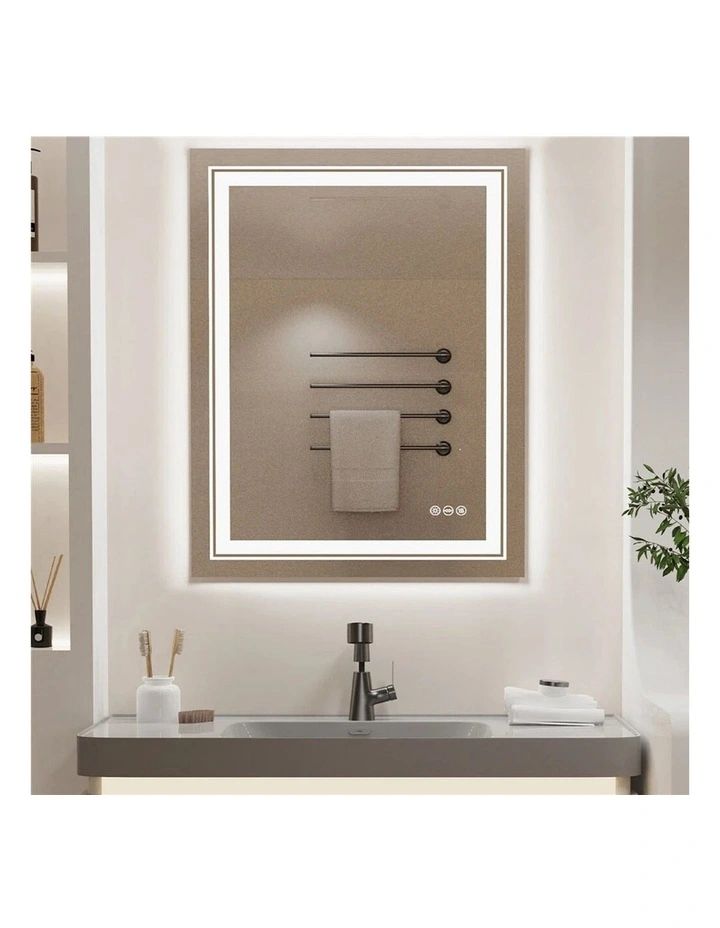 Silver Rectangular LED Mirror Front Backlit Anti Fog Touch Bathroom image 2
