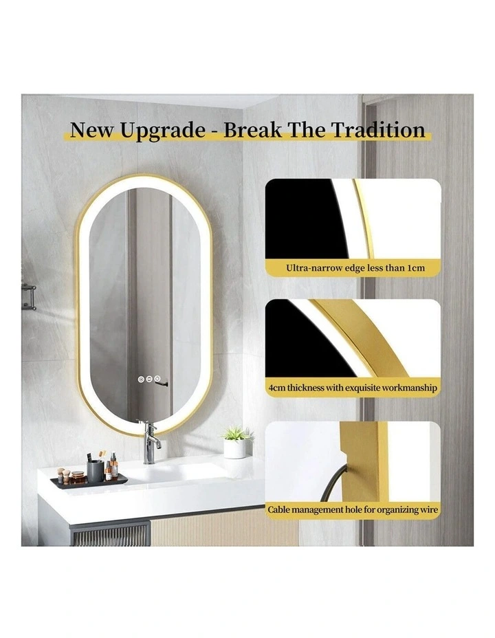 Gold Oval LED Bathroom Mirror Anti Fog Dimmable Light Luxury Frame image 6