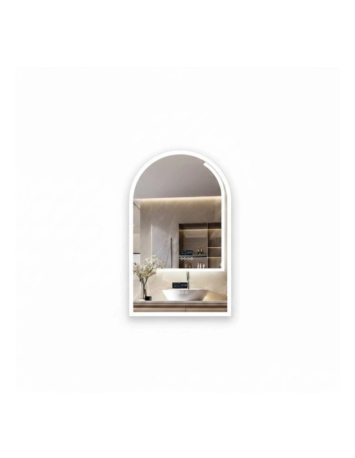 Matte White Arched LED Bathroom Mirror Bluetooth Anti Fog Display image 1