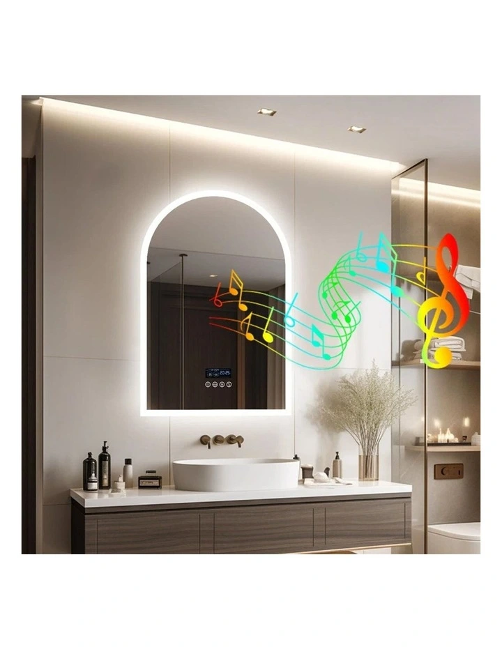 Matte White Arched LED Bathroom Mirror Bluetooth Anti Fog Display image 3