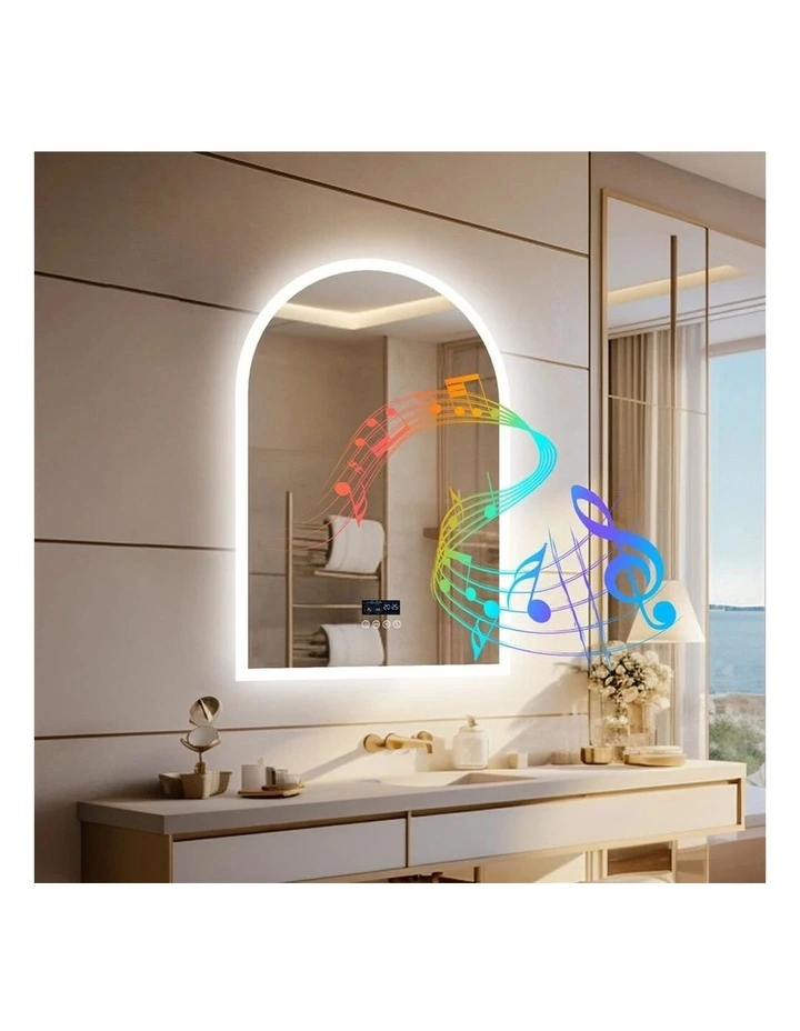 Matte White Arched LED Bathroom Mirror Bluetooth Anti Fog Display image 4