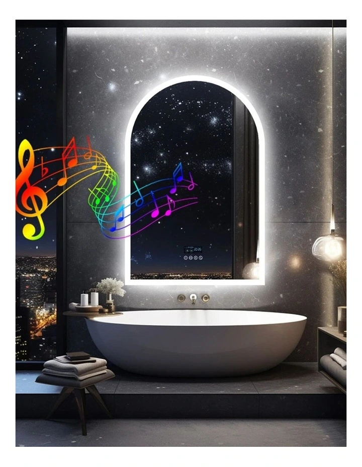 Matte White Arched LED Bathroom Mirror Bluetooth Anti Fog Display image 5