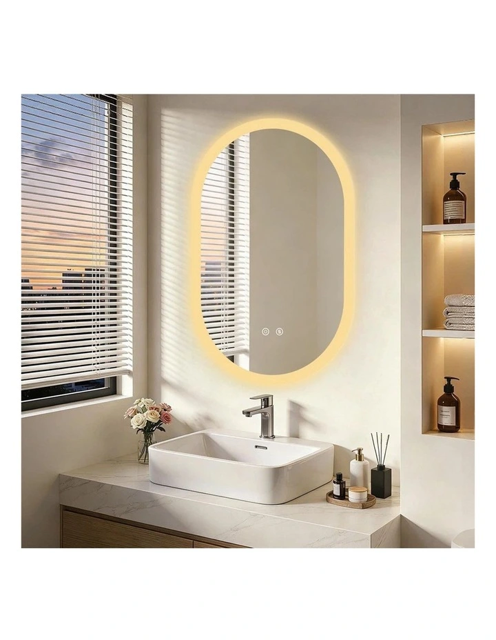 Silver White Oblong Led Bathroom Mirror Soft Backlit Anti Fog Dimmable Control image 2