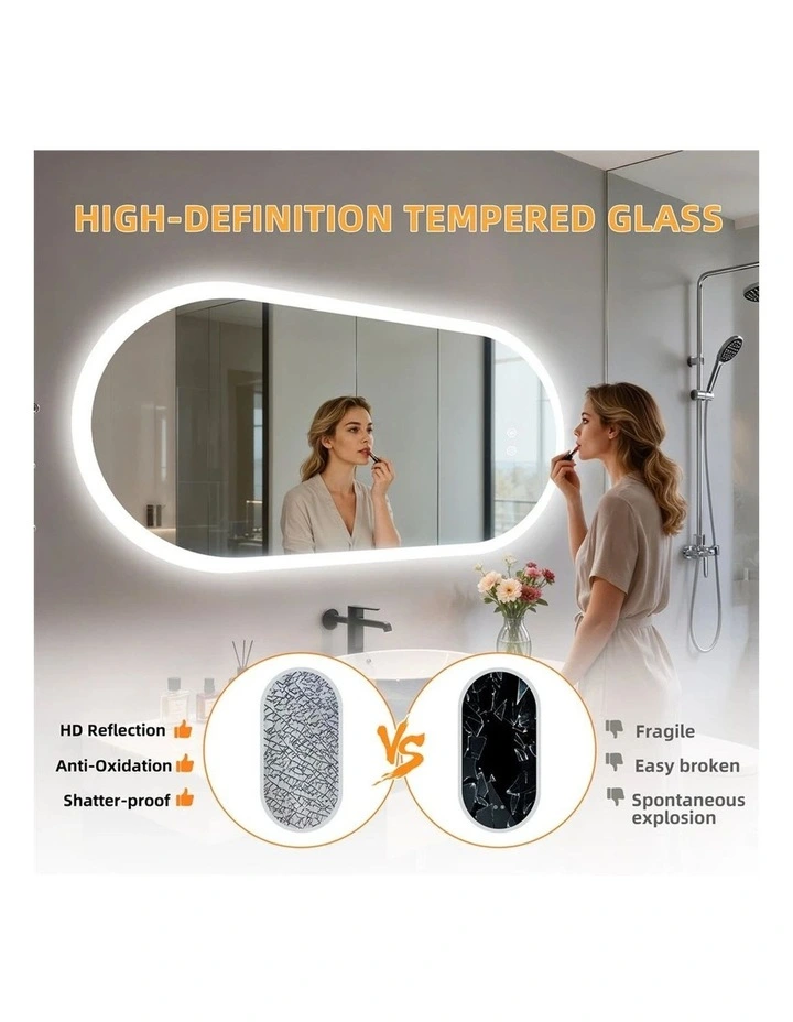 Silver White Oblong Led Bathroom Mirror Soft Backlit Anti Fog Dimmable Control image 6
