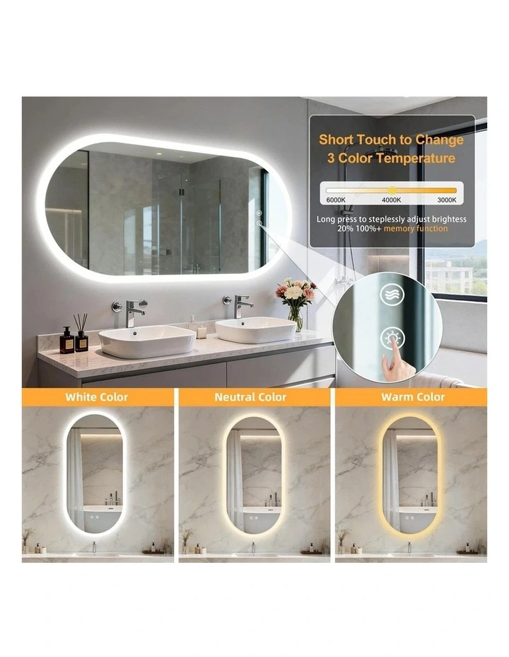Silver White Oblong Led Bathroom Mirror Soft Backlit Anti Fog Dimmable Control image 7