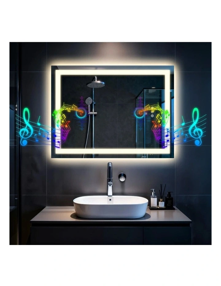 Silver Led Bathroom Mirror Bluetooth Speaker Anti Fog Touch Wall Mounted image 2