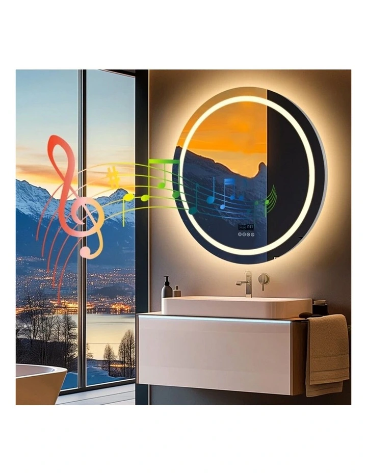 Silver Round Bluetooth LED Bathroom Mirror Anti Fog Smart Display image 2