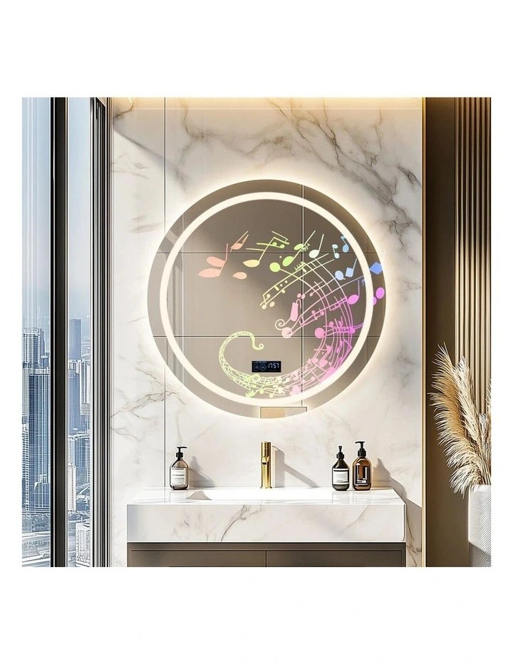 Silver Round Bluetooth LED Bathroom Mirror Anti Fog Smart Display image 4