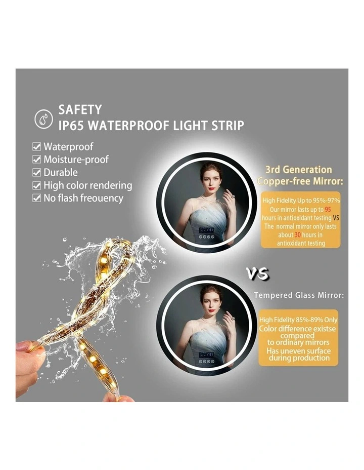 Silver Round Bluetooth LED Bathroom Mirror Anti Fog Smart Display image 6