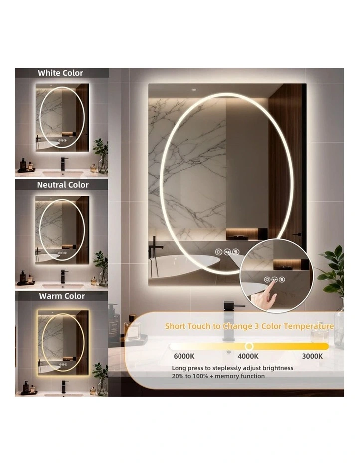 Silver White Led Bathroom Mirror Square Frame Dual Light Anti Fog Dimmable Touch image 4