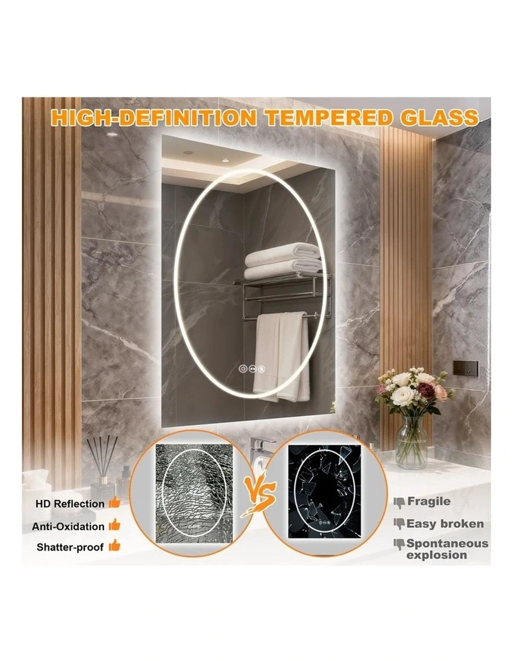 Silver White Led Bathroom Mirror Square Frame Dual Light Anti Fog Dimmable Touch image 6