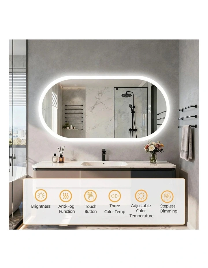 Silver White Large Oval Led Bathroom Mirror Backlit Anti Fog Dimmable Touch Control image 6