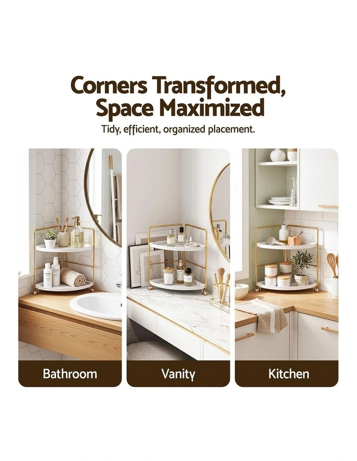 Artiss Bathroom Corner Shelf Countertop Organiser Vanity Storage Rack White Gold image 4