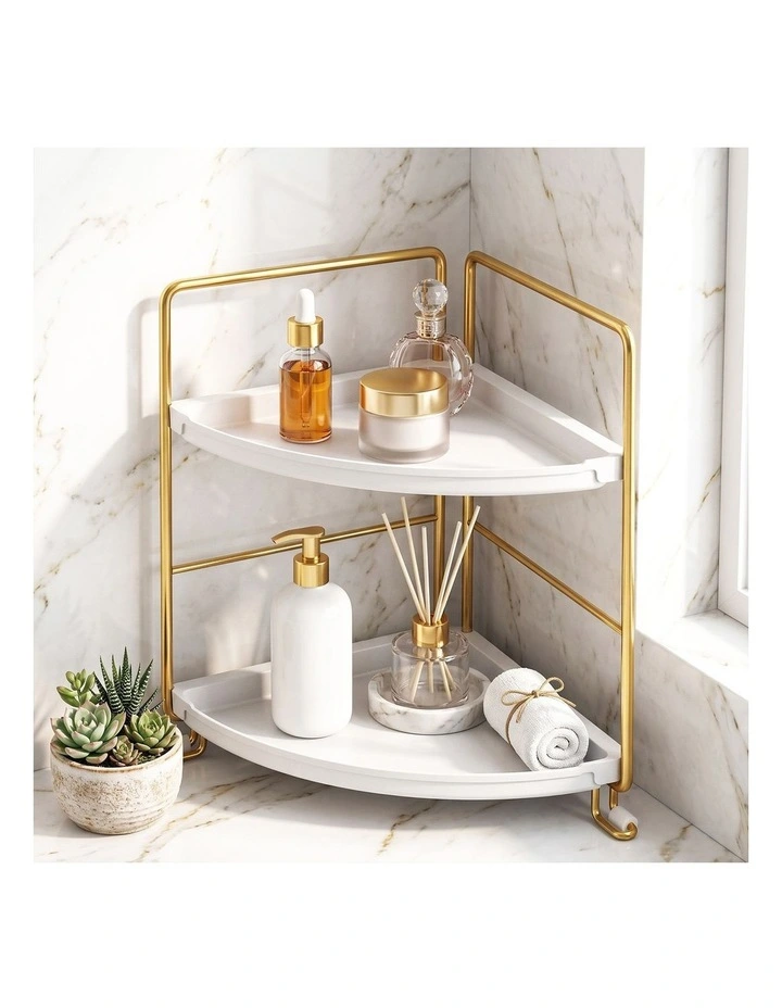 Artiss Bathroom Corner Shelf Countertop Organiser Vanity Storage Rack White Gold image 6