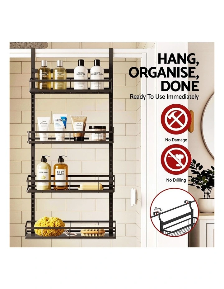 Artiss Over Door Bathroom Rack Hanging Organiser 4 Tier No Drill 91cm Black image 4