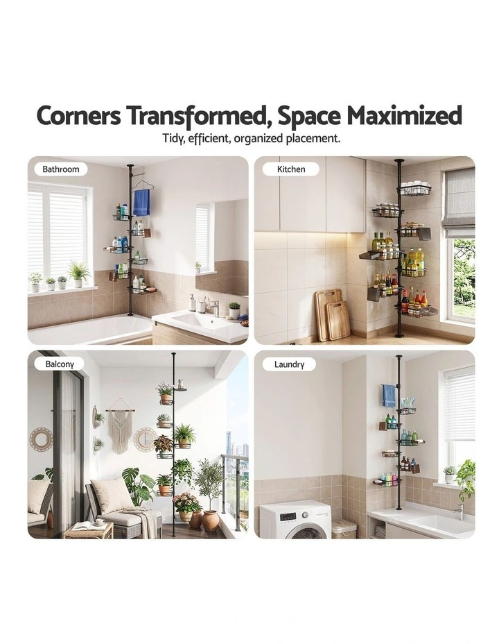 Artiss Tension Pole Shower Caddy Steel Corner Bathroom Shelf Black image 4