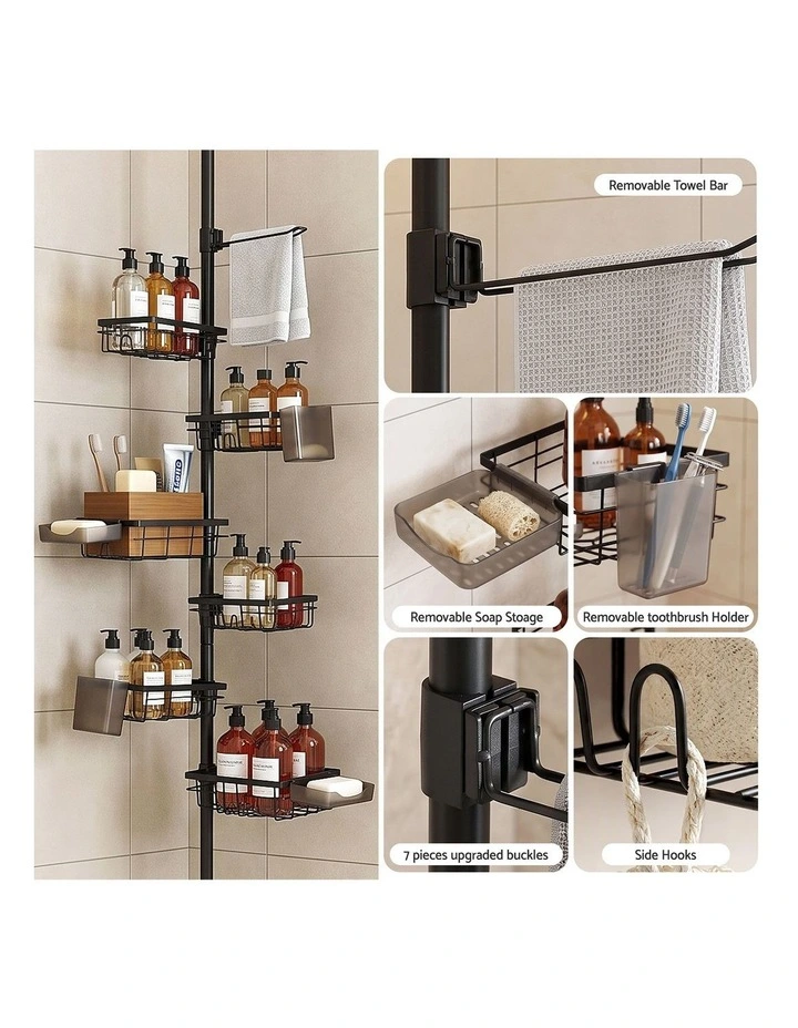 Artiss Tension Pole Shower Caddy Steel Corner Bathroom Shelf Black image 5