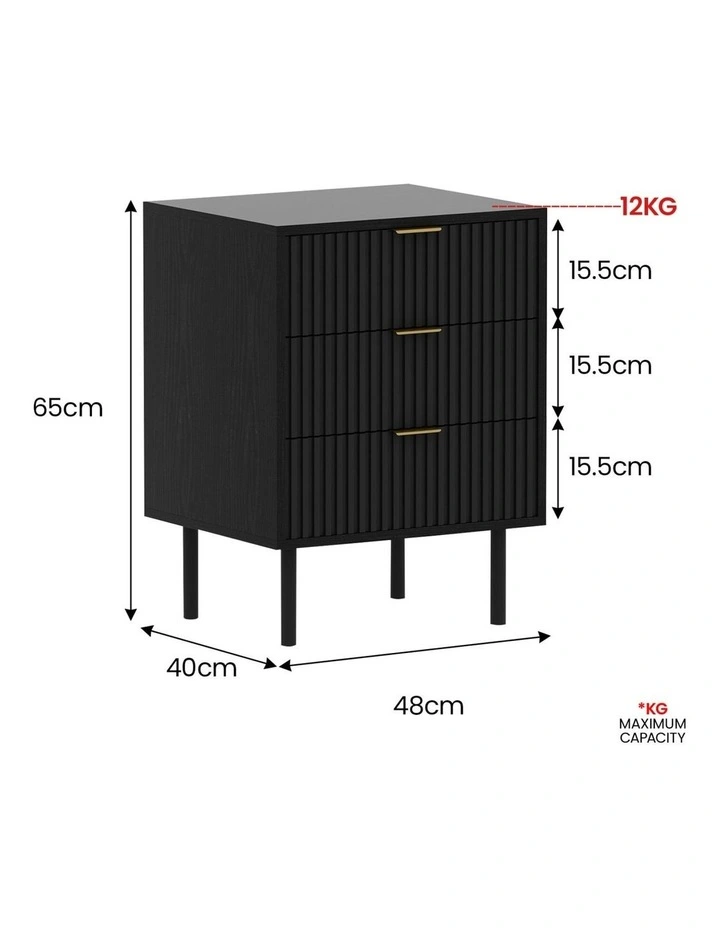 Sarantino Evelyn Bedside Table with 3 Drawers - Black image 3