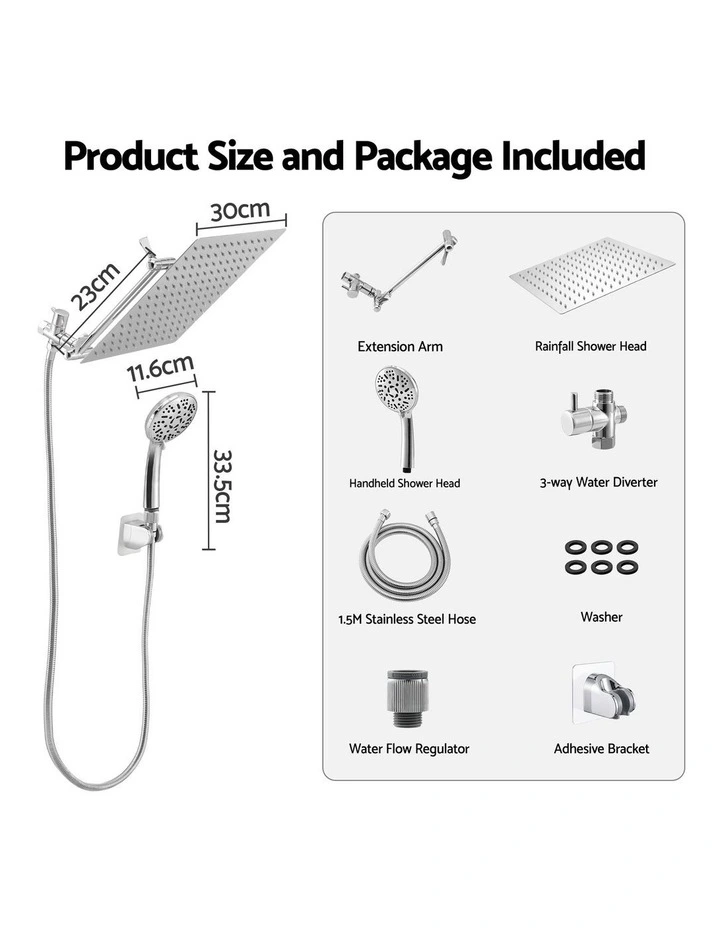 Cefito 12-Inch Stainless Steel Rain Shower Head with Handheld Wand, 9 Settings image 2
