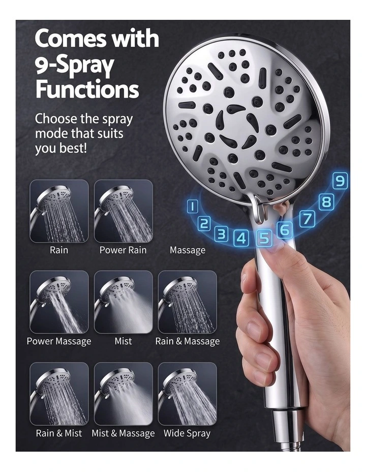 Cefito 12-Inch Stainless Steel Rain Shower Head with Handheld Wand, 9 Settings image 6