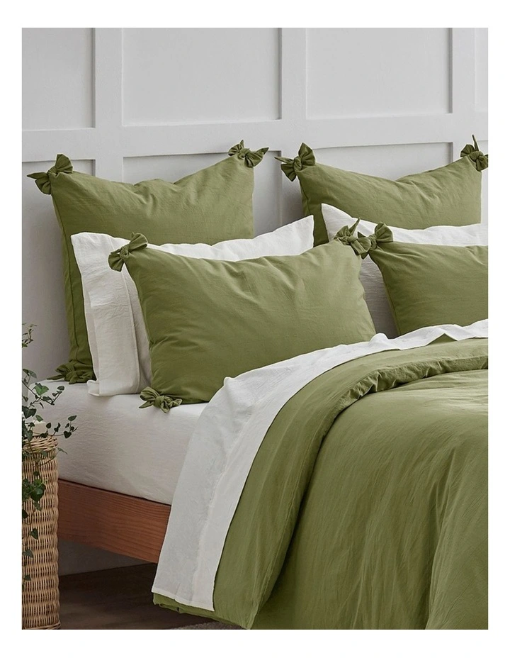 Bonnie Washed Cotton Quilt Cover Set with Bows in Olive image 2