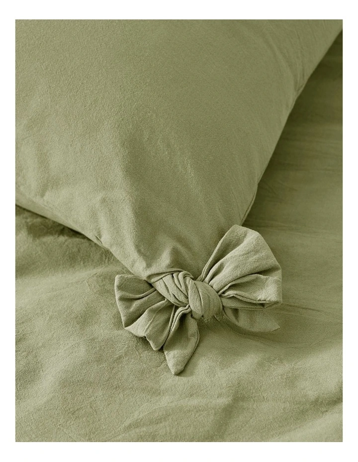 Bonnie Washed Cotton Quilt Cover Set with Bows in Olive image 3