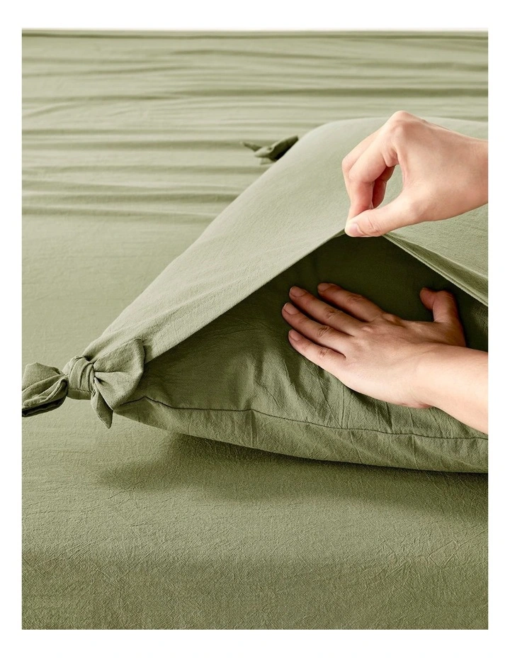 Bonnie Washed Cotton Quilt Cover Set with Bows in Olive image 5