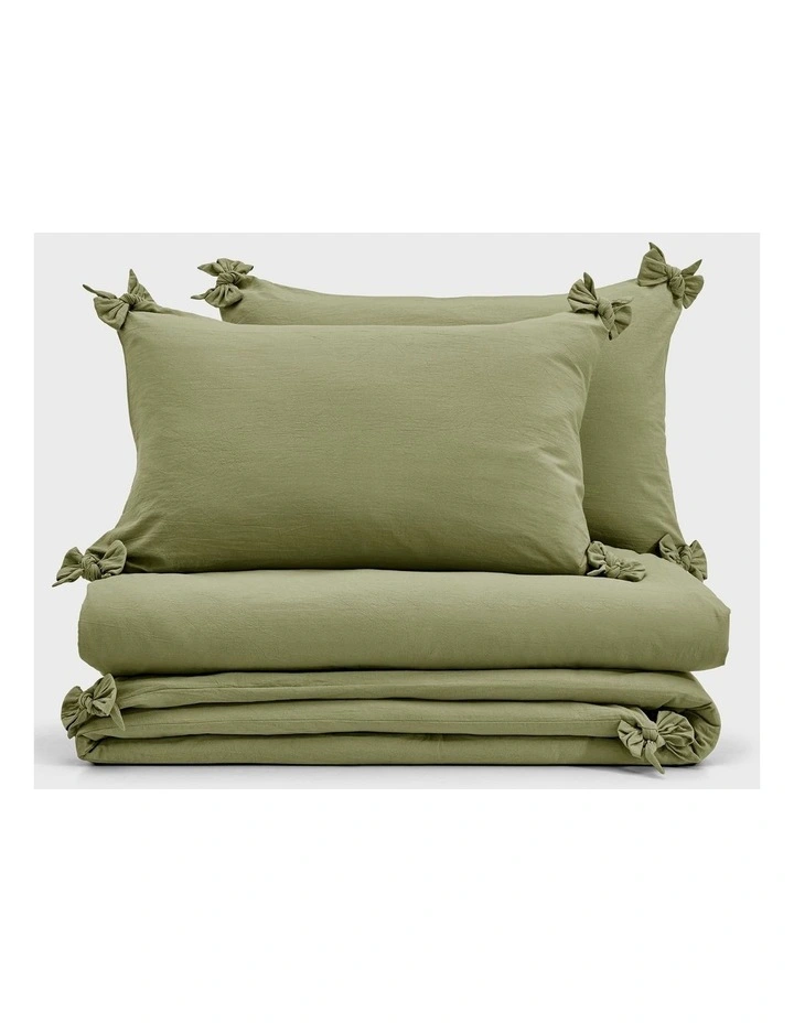 Bonnie Washed Cotton Quilt Cover Set with Bows in Olive image 6
