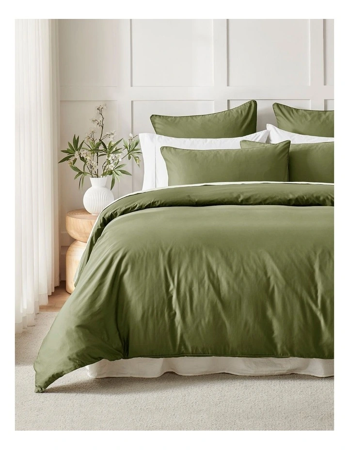 400TC Premium Cotton Sateen Piped Quilt Cover Set in Olive image 1