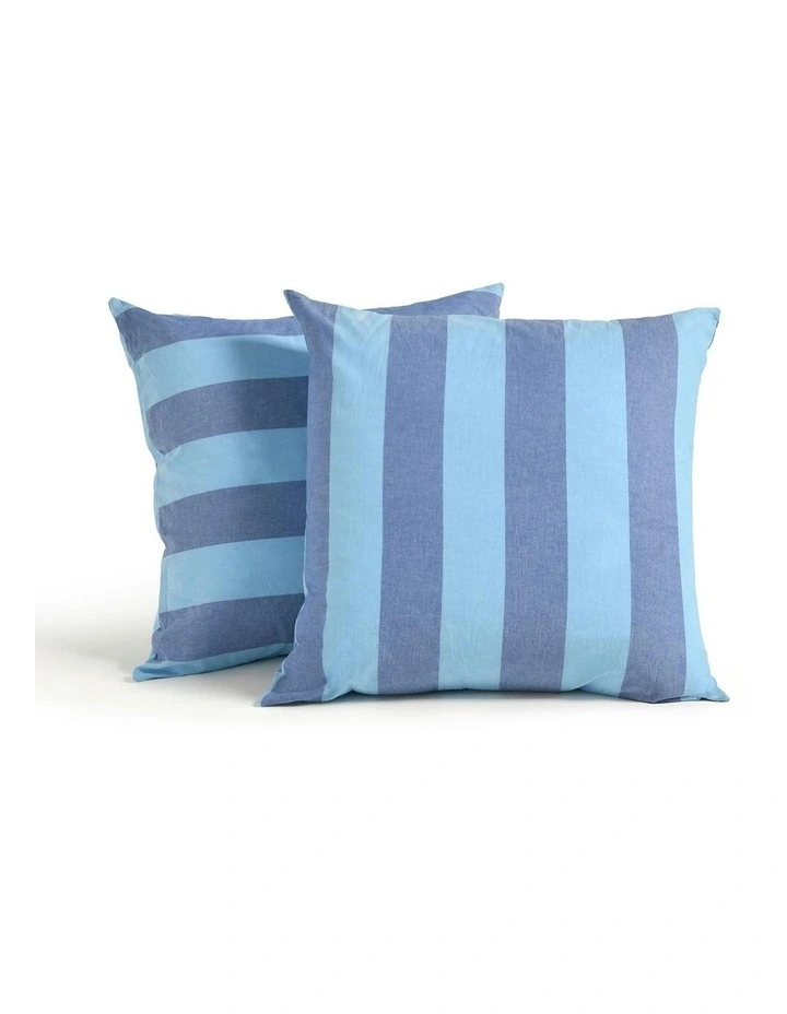 Bowie Washed Cotton Yarn Dyed Stripe European Pillowcase Twin Pack in Blue image 3
