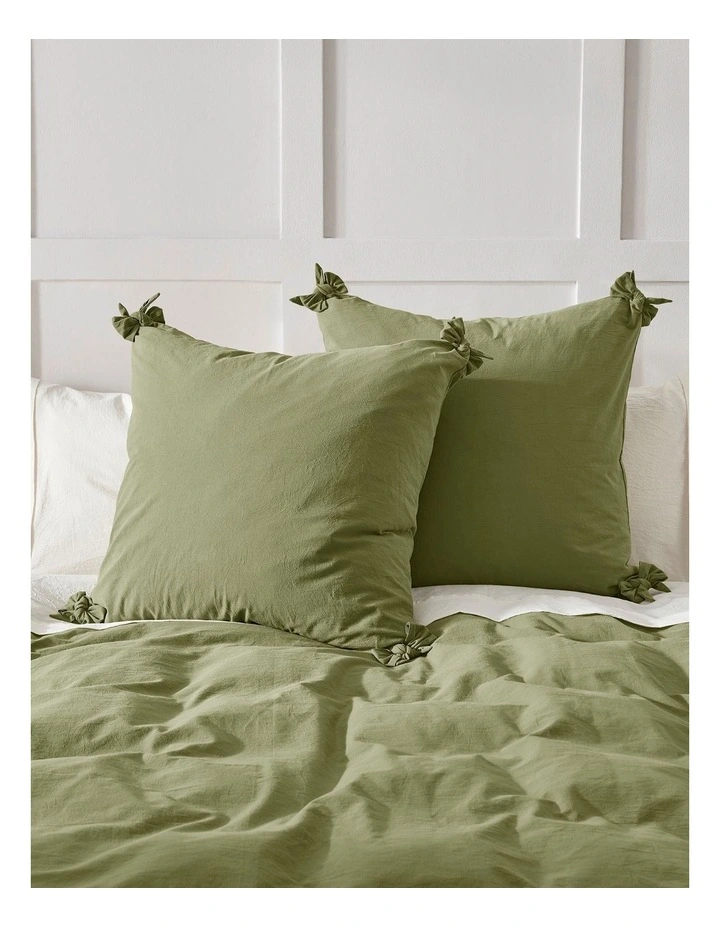Bonnie Washed Cotton European Pillowcase with Bows Pack of 2 in Olive image 1