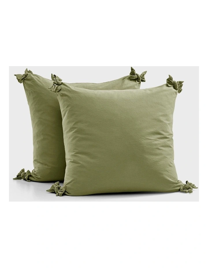 Bonnie Washed Cotton European Pillowcase with Bows Pack of 2 in Olive image 7