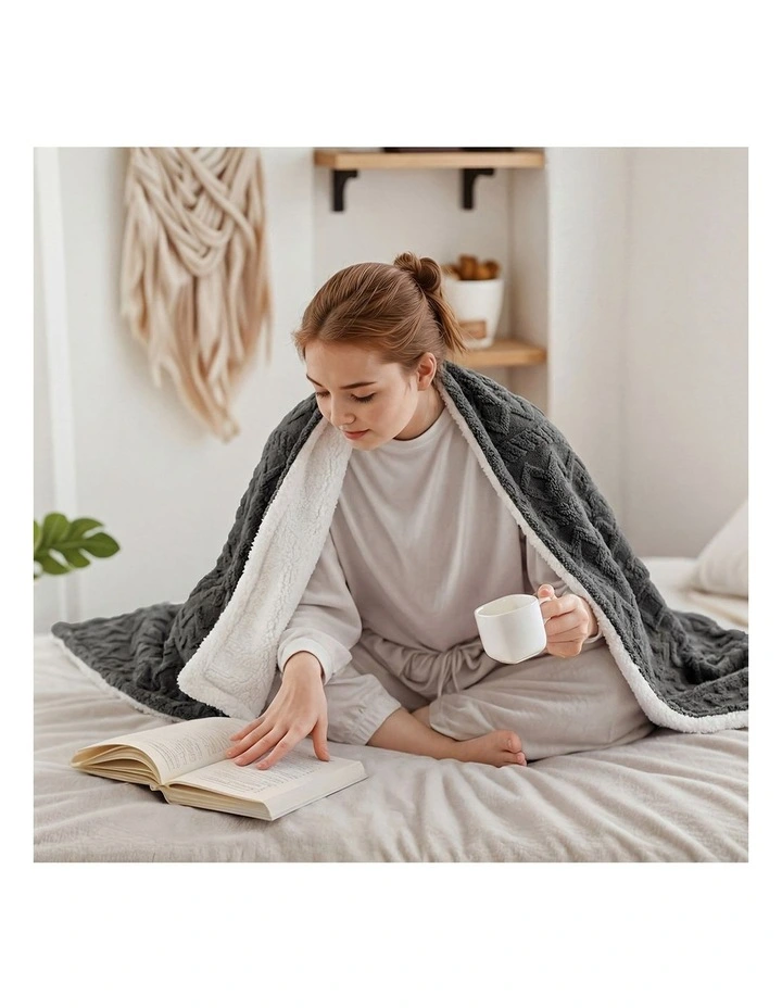 Bedra Electric Throw Rug Dual Side Heated Blanket Flannel&Sherpa Square Pattern Grey image 7