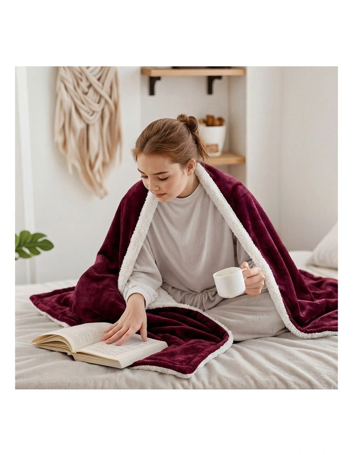 Bedra Electric Throw Rug Dual Side Heated Blanket Flannel&Sherpa Burgundy image 7