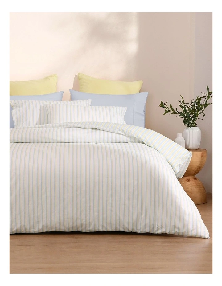 Dreamaker Axel Stripes Cotton Percale Reversible Quilt Cover Set in Sky / Citron image 1