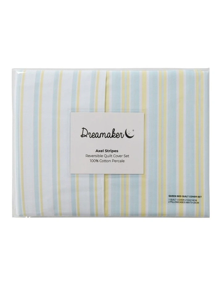 Dreamaker Axel Stripes Cotton Percale Reversible Quilt Cover Set in Sky / Citron image 7