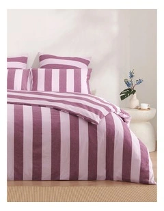 Dreamaker Bowie Washed Cotton Yarn Dyed Stripe Quilt Cover Set in Mauve/Cherry